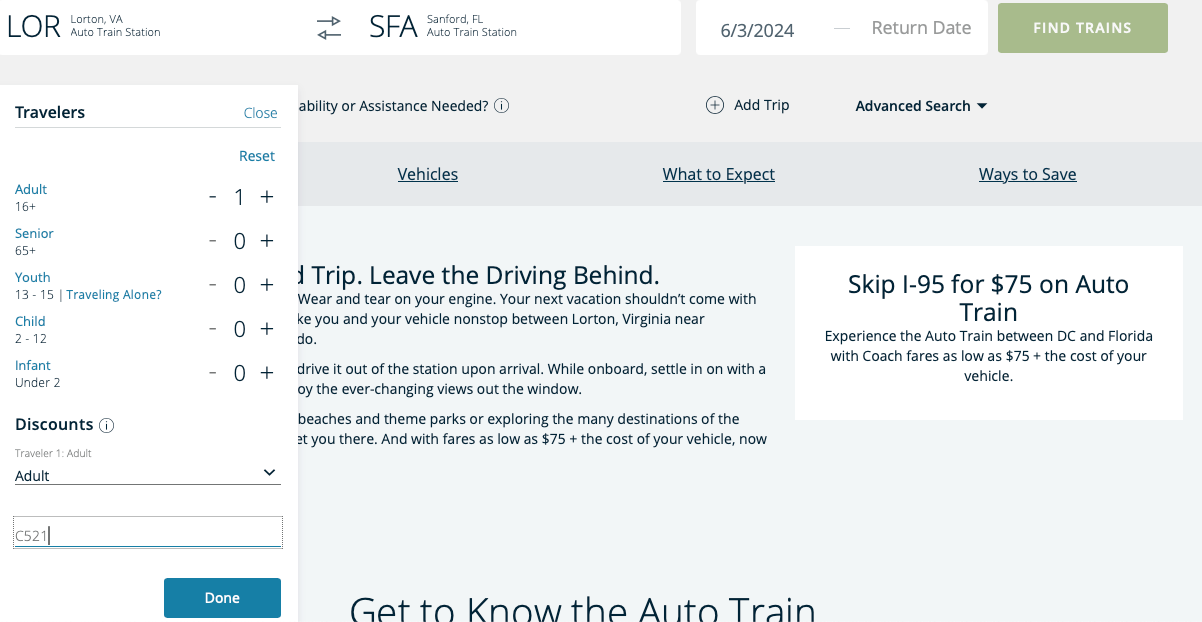 Screenshot of Amtrak Auto Train sale fare with discount code